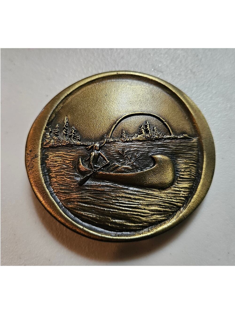 Vintage 1976 Brass Belt Buckle Native American in canoe by Indiana Metal Craft